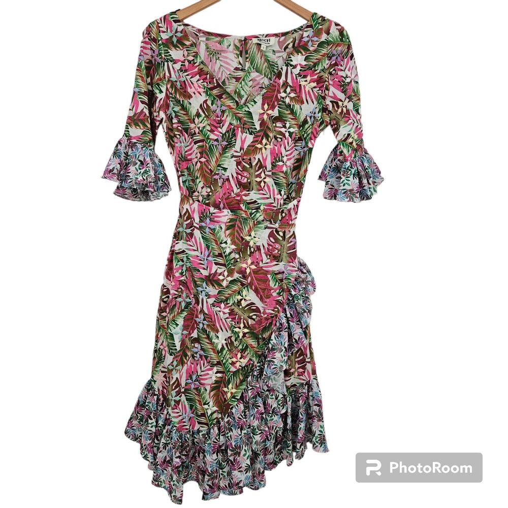 All Things Mochi Wrap Dress Small Philippa Ruffled Prints Tropical Embroidered‎